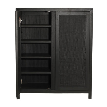 A black wooden cabinet with one open door showing four interior shelves and one textured sliding door, set against a plain white background.