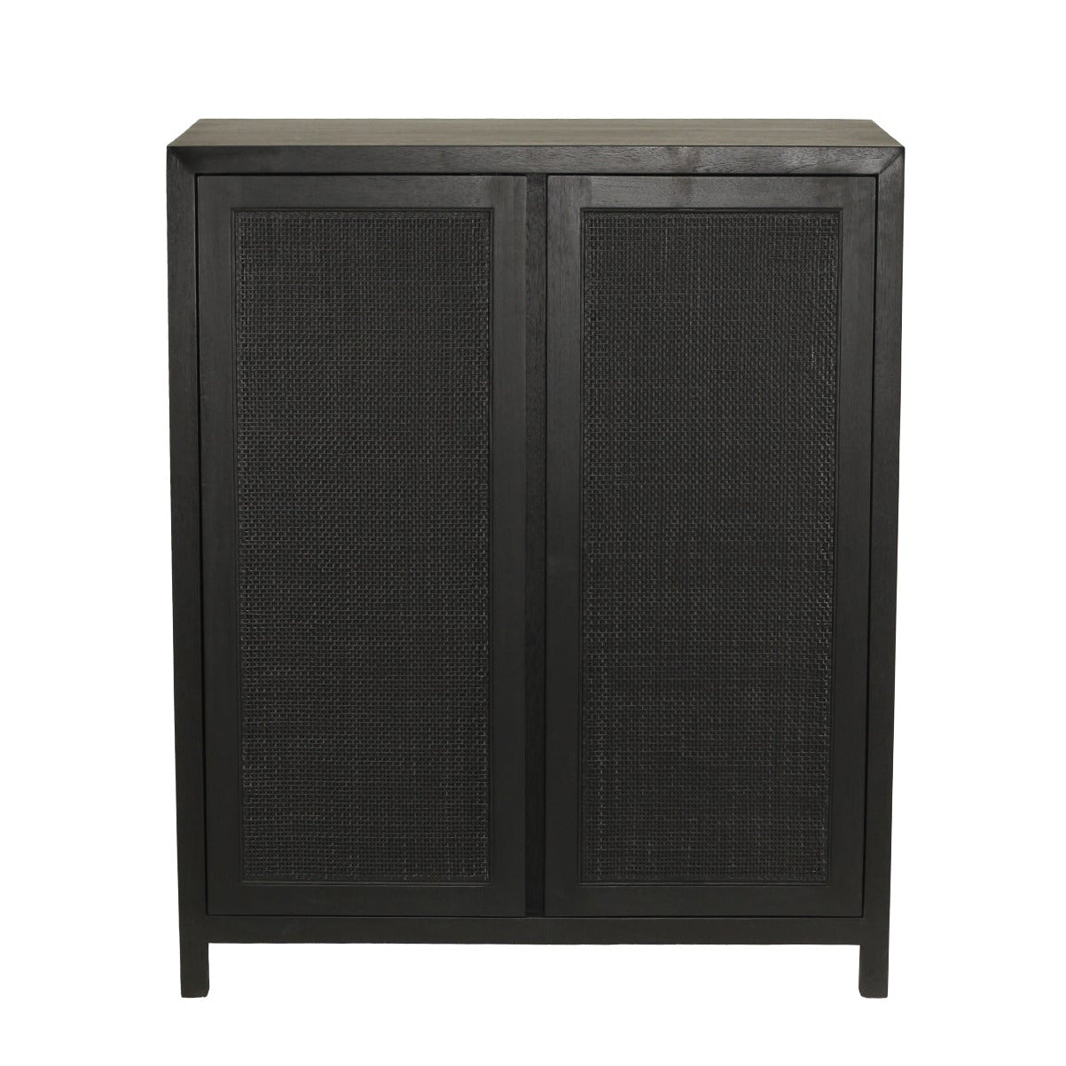 A tall black cabinet with two doors featuring woven cane or rattan panels, shown against a plain white background.