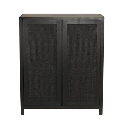 A tall black cabinet with two doors featuring woven cane or rattan panels, shown against a plain white background.