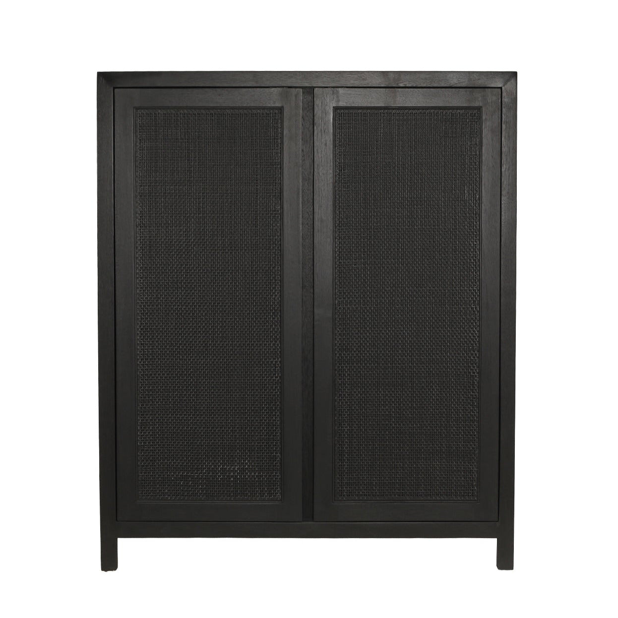 A tall black wooden cabinet with two doors featuring woven cane or rattan panels, shown against a plain white background.