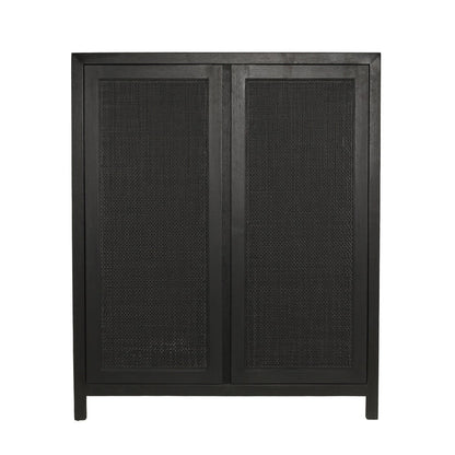 A tall black wooden cabinet with two doors featuring woven cane or rattan panels, shown against a plain white background.