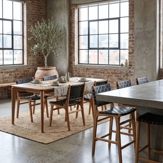 Dining area with Sun Republic Teak Mornington dining table and Otis black woven leather dining chairs and counter stools in a modern apartment with brick walls and large windows.