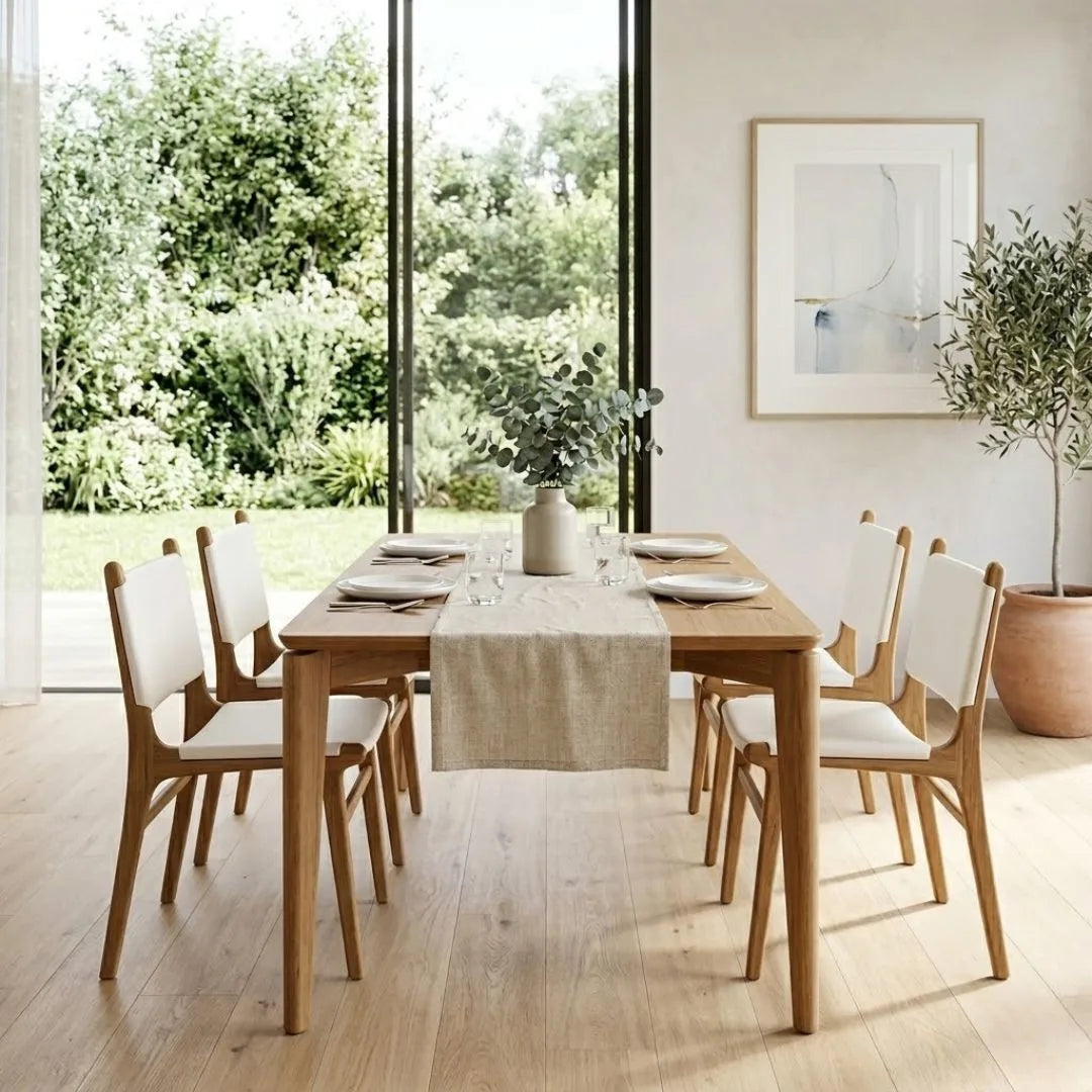 Dining room with wooden table and chairs, natural light, and a view of greenery outside.