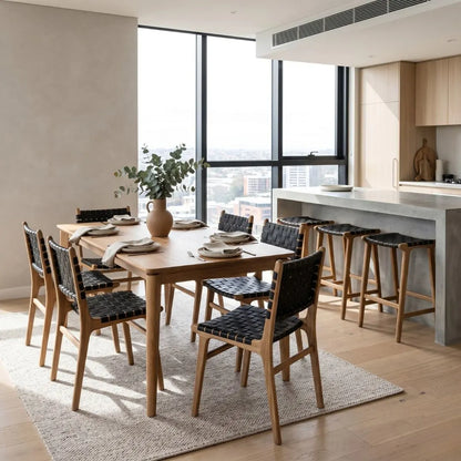 Modern dining area with wooden table and chairs in a well-lit room.