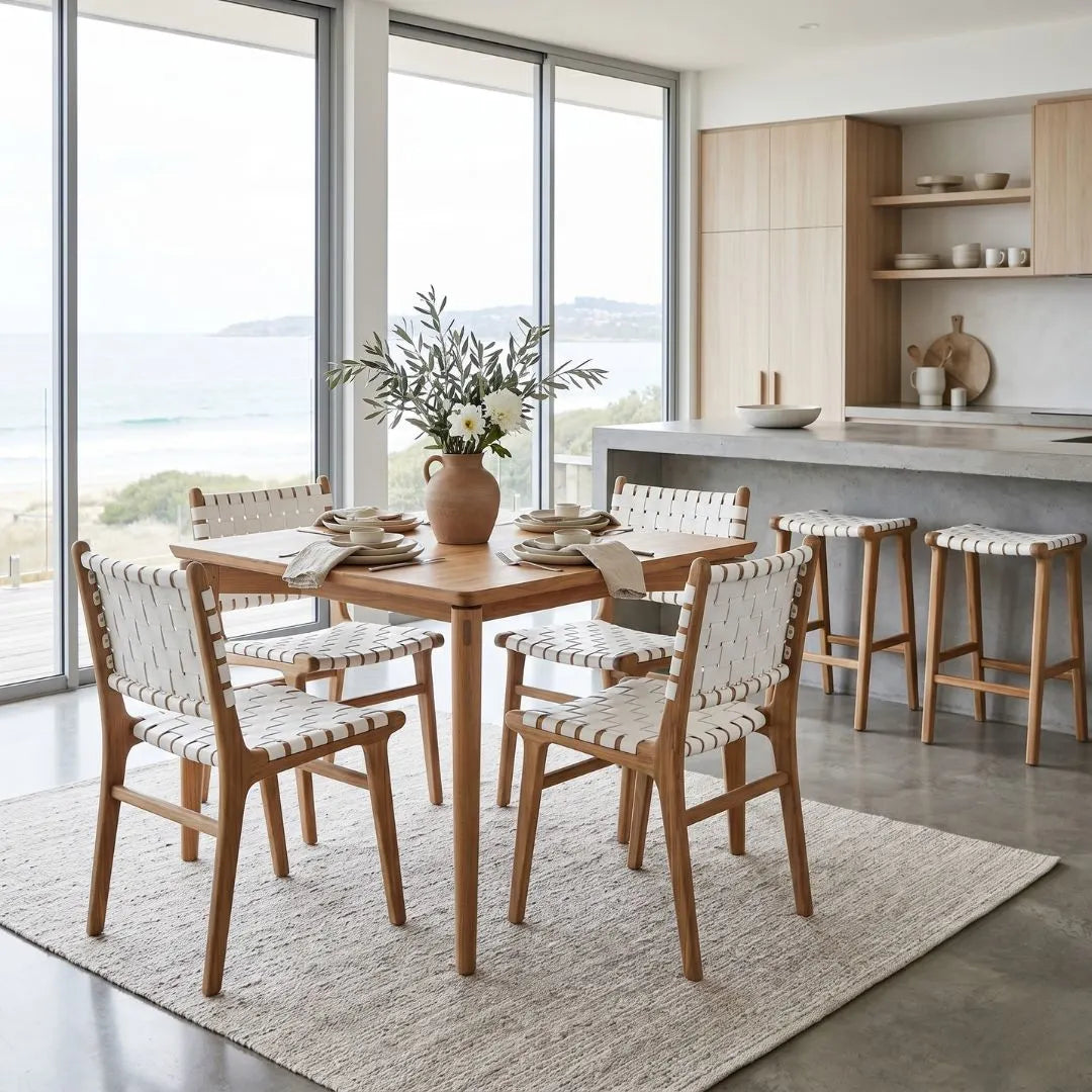 Dining area with wooden table and chairs in a modern kitchen.