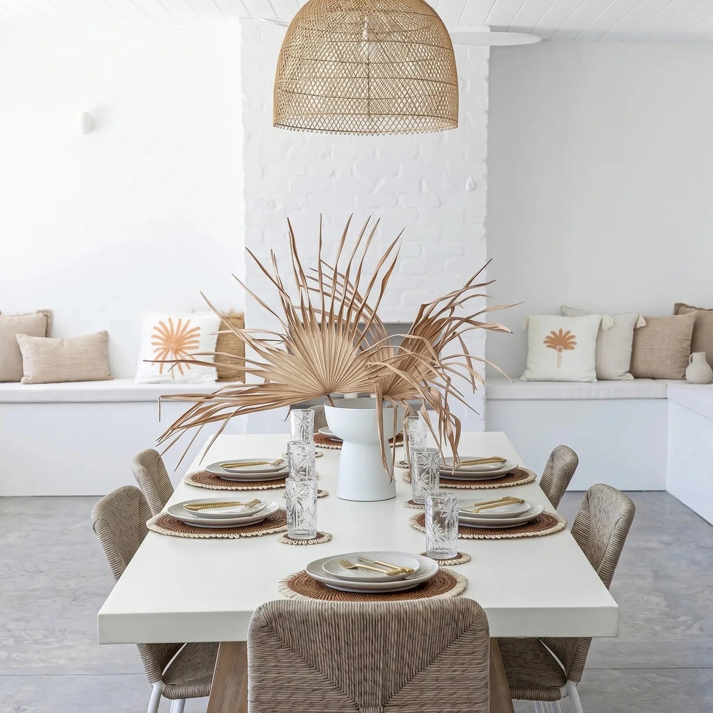 Dining area with a white table set for four, featuring plates, glasses, and decorative elements in a modern home setting.