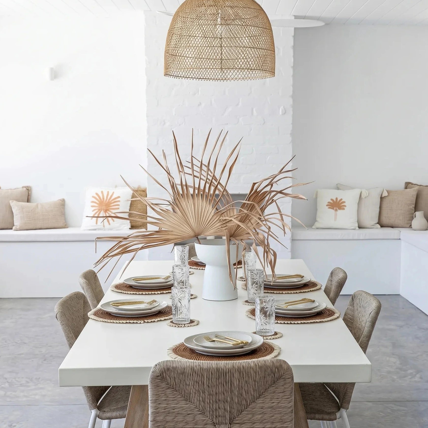 Dining area with a white table set for four, featuring plates, glasses, and decorative elements in a modern home setting.