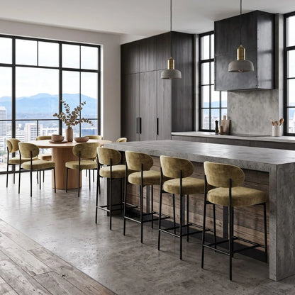 Modern kitchen with wooden dining table and bar stools, large windows, and cityscape view.