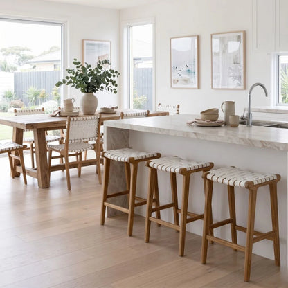 Otis Woven Leather & Teak Saddle Counter Stool - White