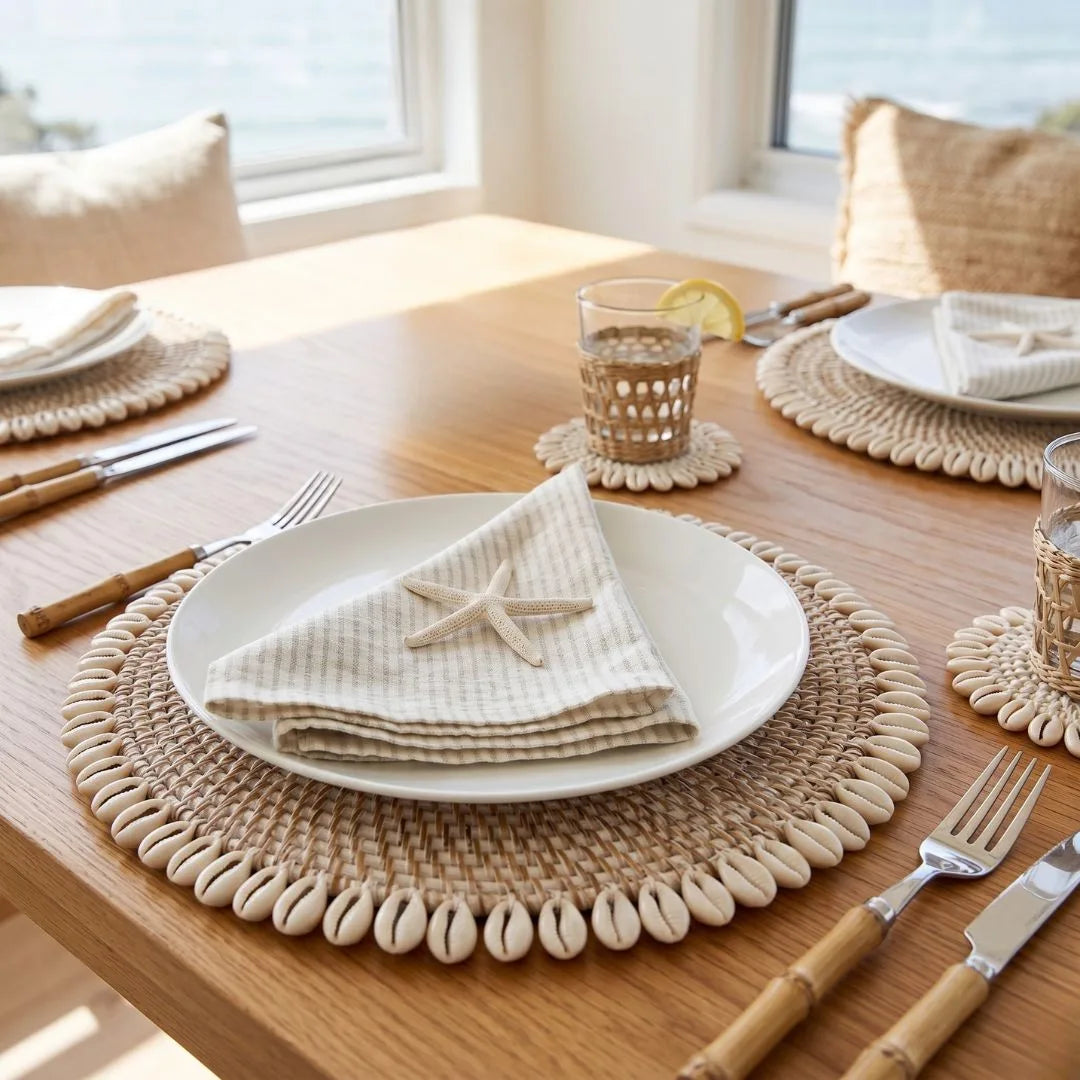 Dining table setting with plates, glasses, and cutlery on woven placemats.