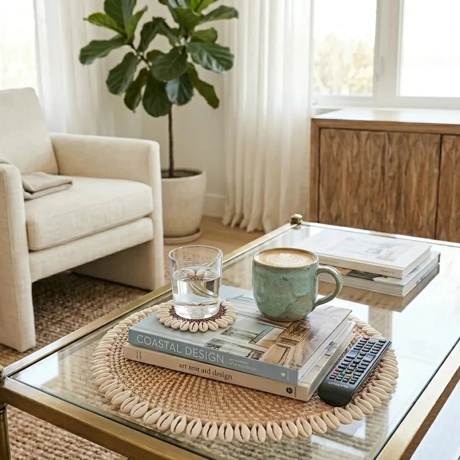 Glass coffee table with books, a cup of coffee, and a glass of water in a living room setting.