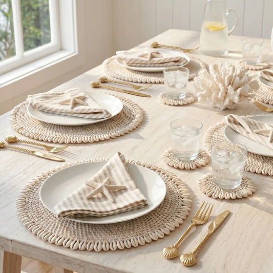 Dining table set with beige placemats, plates, and gold cutlery in a bright room.