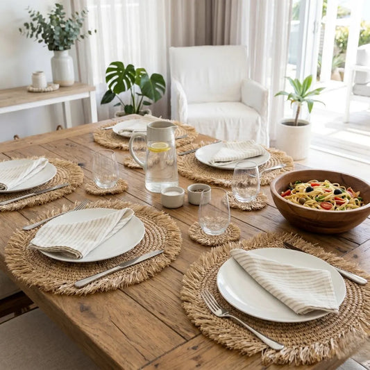 Dining table set with plates, glasses, and a bowl of pasta in a bright room.