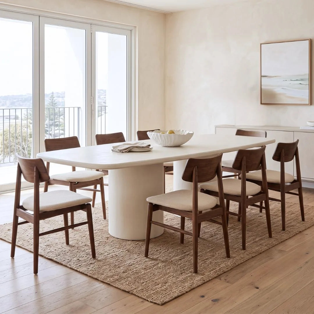 Sun Republic Siena microcement dining table 270cm styled with dining chairs in a modern dining room