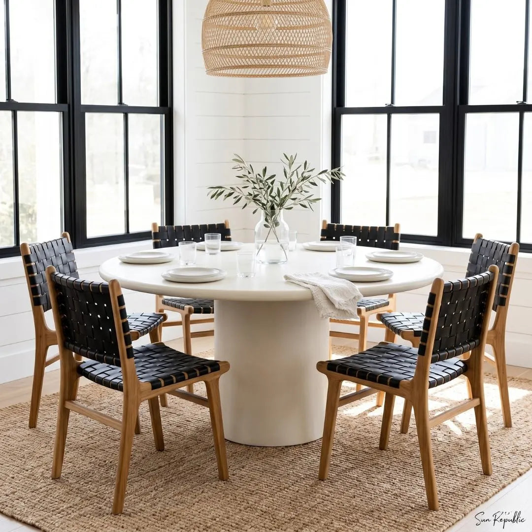 Dining room with a round white table and black chairs with wooden frames.