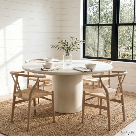 Round white dining table with four wooden chairs in a bright room with large windows.