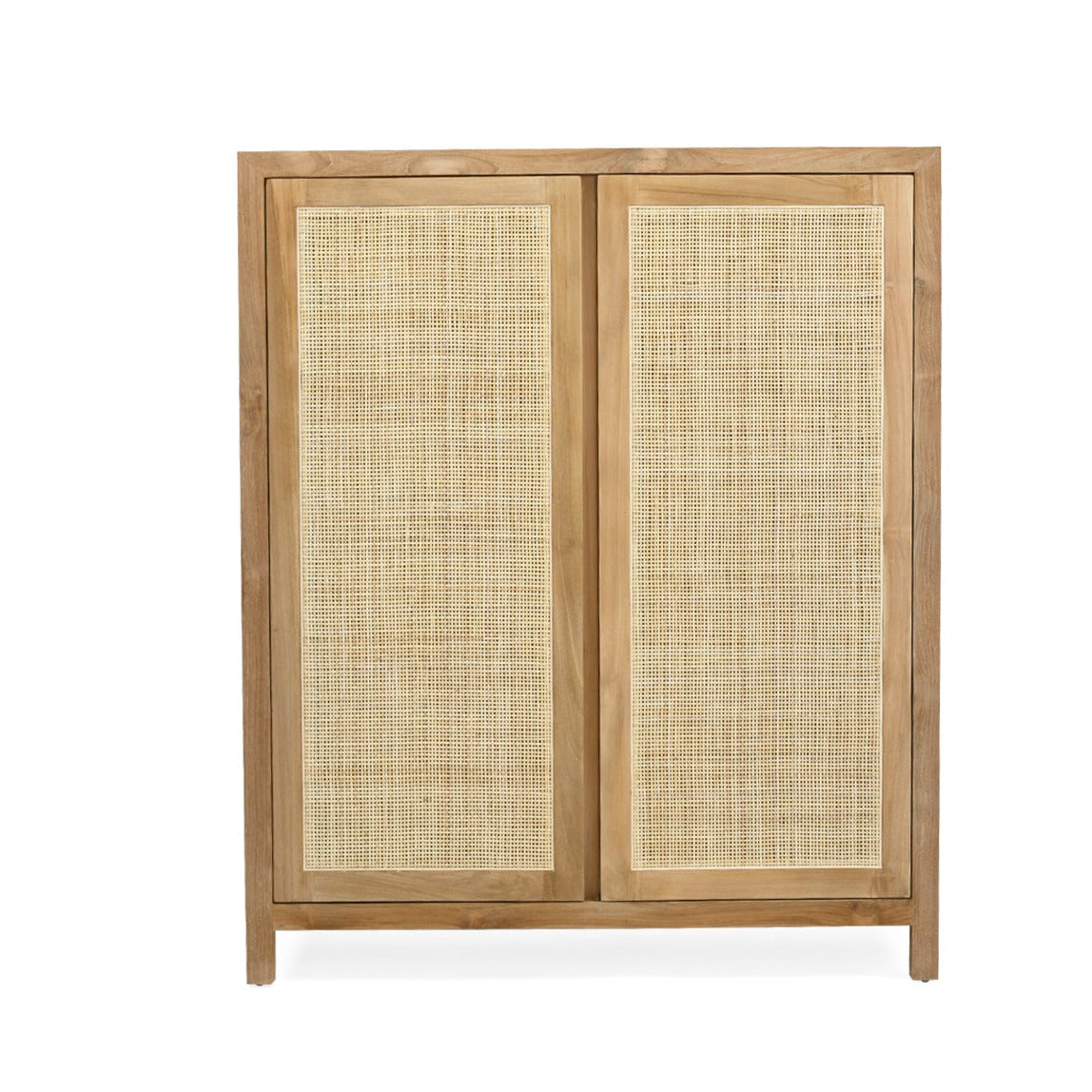A two-door wooden cabinet featuring natural woven cane or rattan panels on the doors, set against a plain white background.
