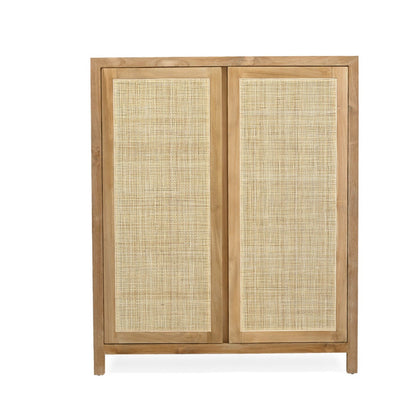 A two-door wooden cabinet featuring natural woven cane or rattan panels on the doors, set against a plain white background.