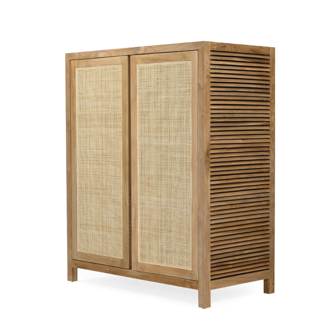 A two-door wooden cabinet with woven cane panels on the front and a slatted wood side panel, shown on a plain white background.