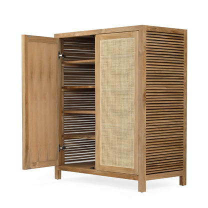A wooden storage cabinet with an open door showing slatted shelves, a woven cane door panel, and a slatted side panel, on a white background.