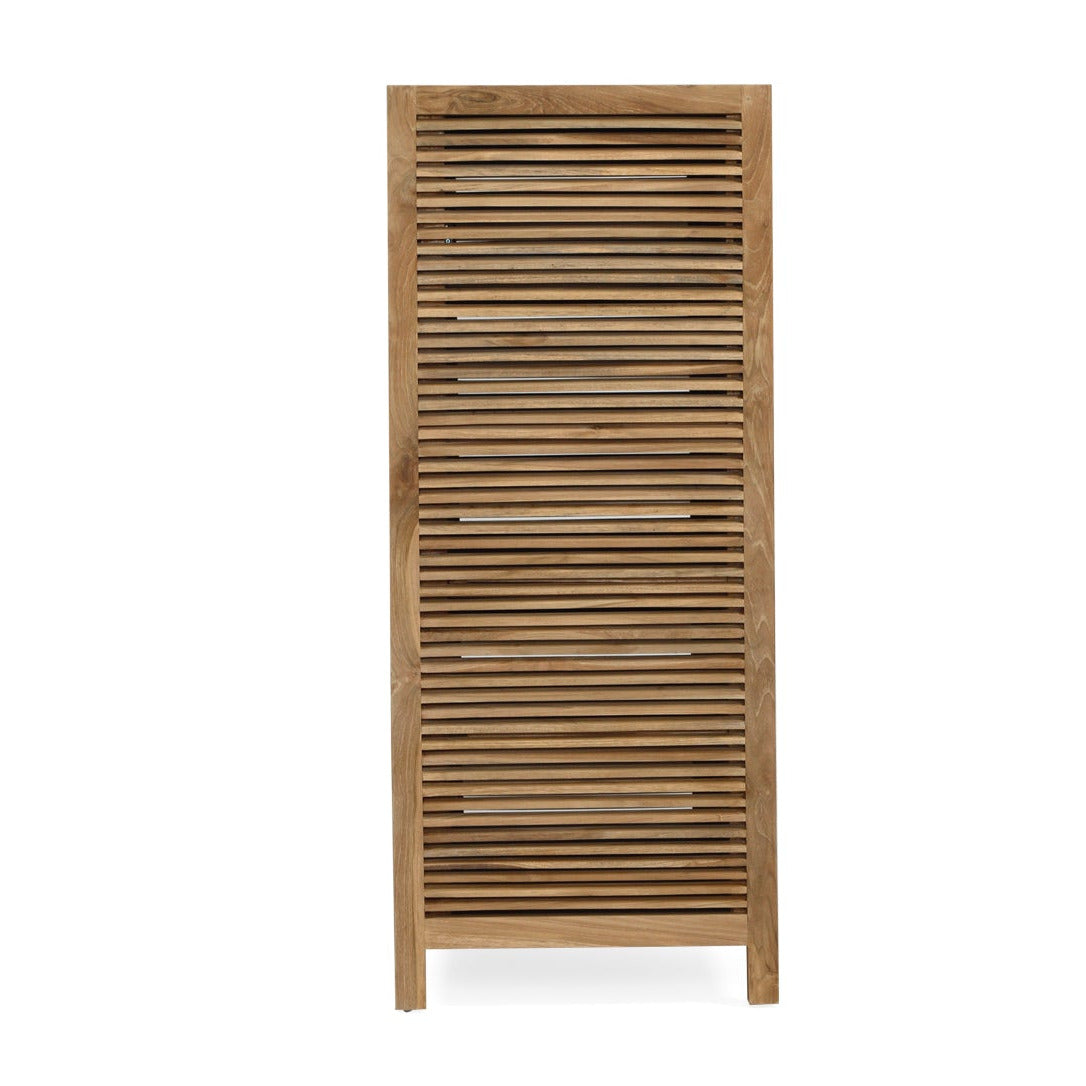 Side view of rattan and teak shoe cabinet