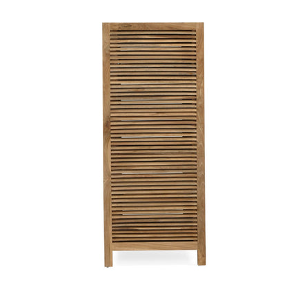 Side view of rattan and teak shoe cabinet