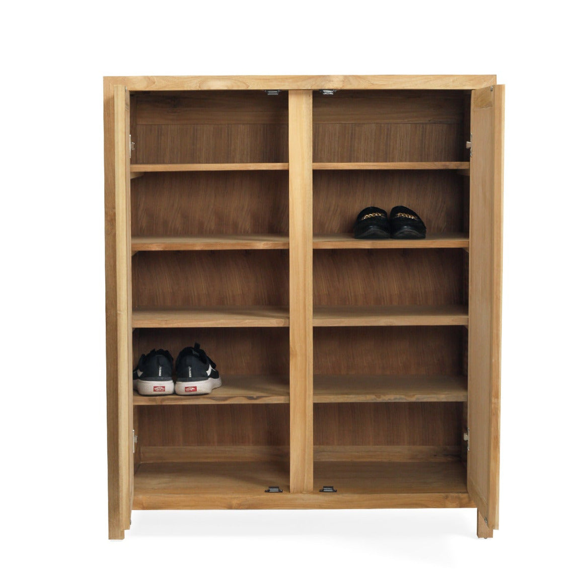 A light natural wood shoe cabinet with two doors and five shelves, shown on a plain white background with a pair of shoes on each of the lower shelves.