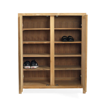 A light natural wood shoe cabinet with two doors and five shelves, shown on a plain white background with a pair of shoes on each of the lower shelves.