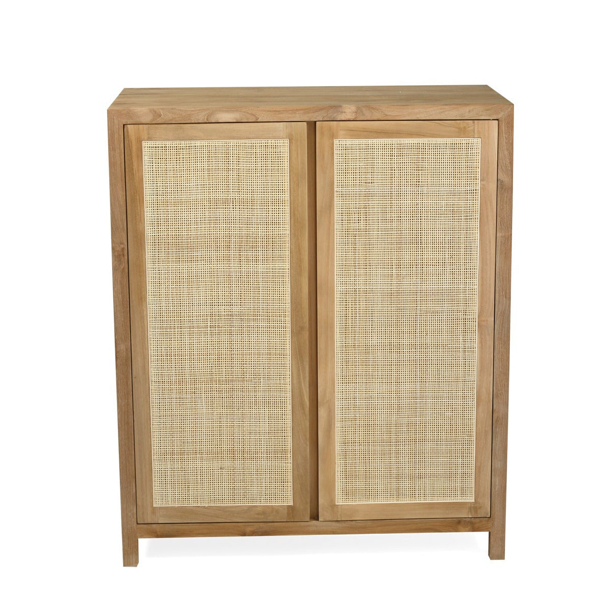 A two-door wooden cabinet featuring natural woven cane or rattan panels on the doors, set against a plain white background.