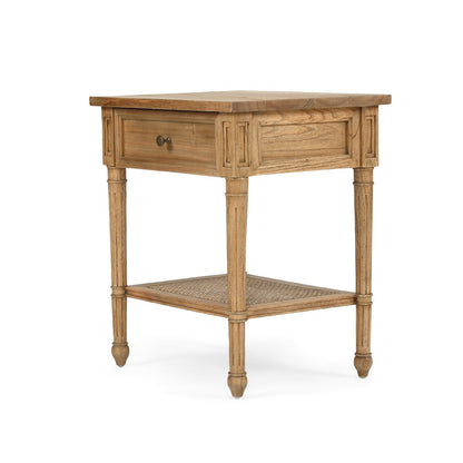 Wooden side table with a drawer on a white background