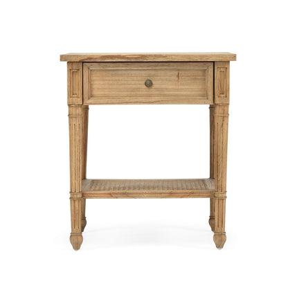Wooden side table with a drawer on a white background
