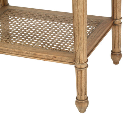 Wooden side table with wicker basket weave design on a white background