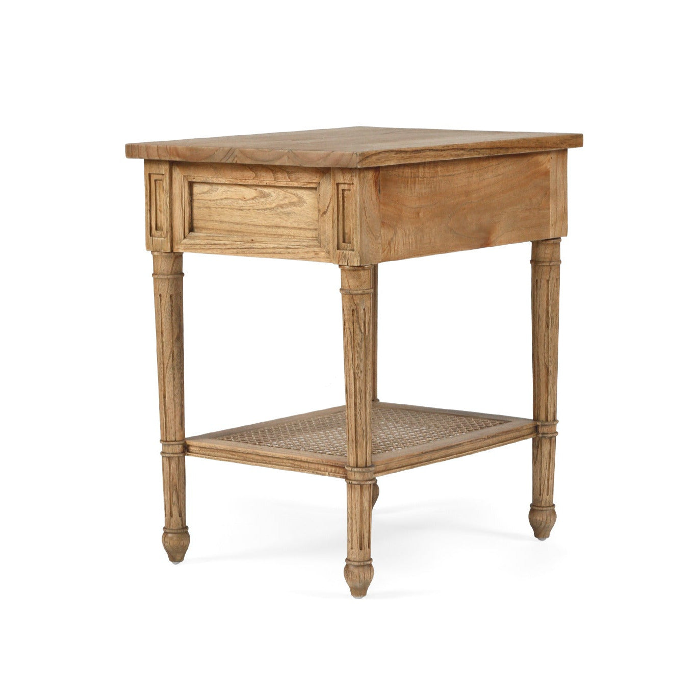 Wooden side table with a drawer on a white background