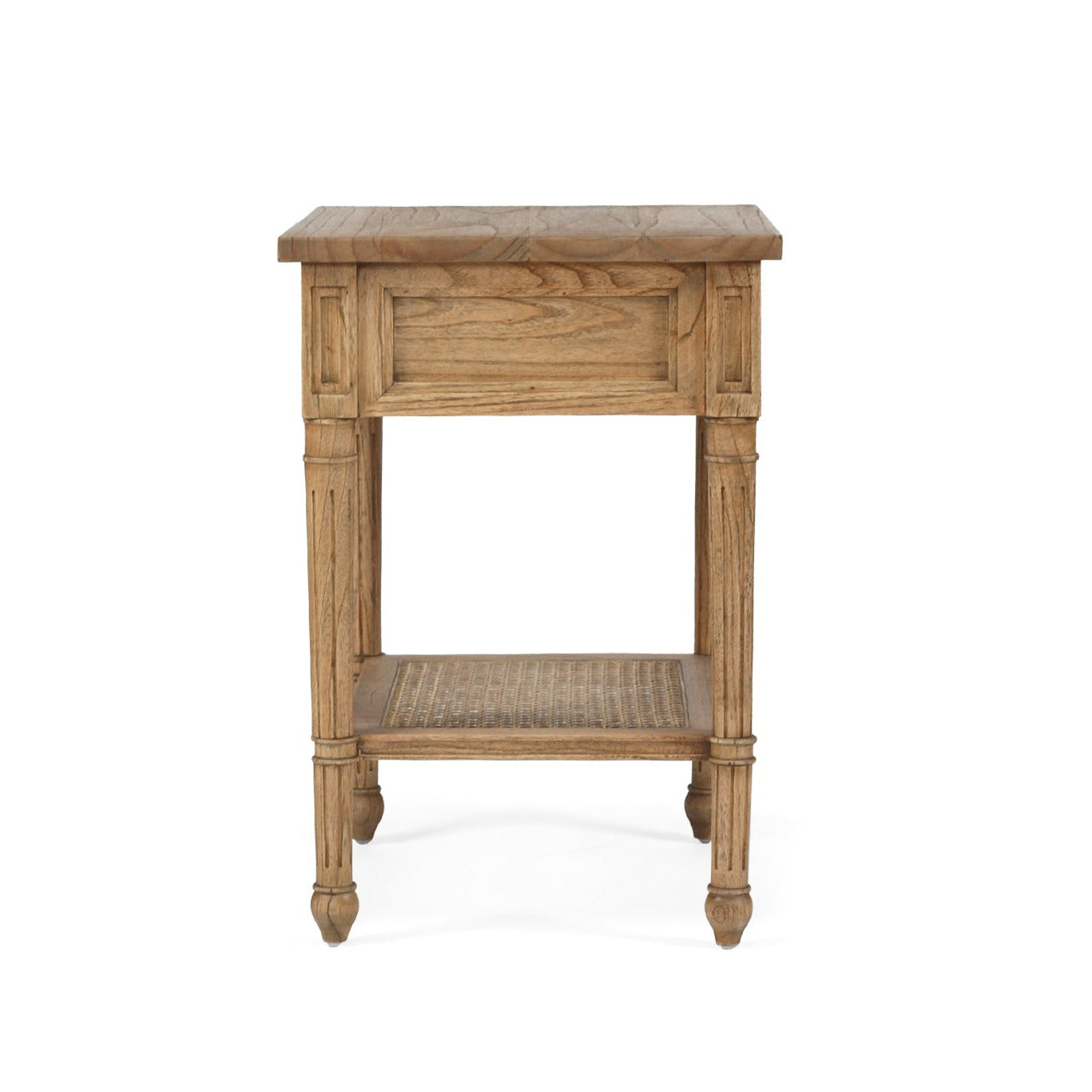 Wooden side table with wicker shelf on a white background