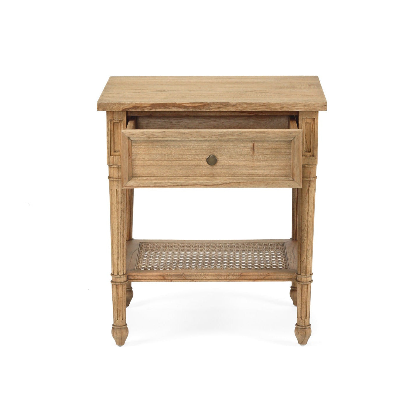 Wooden side table with a drawer on a white background