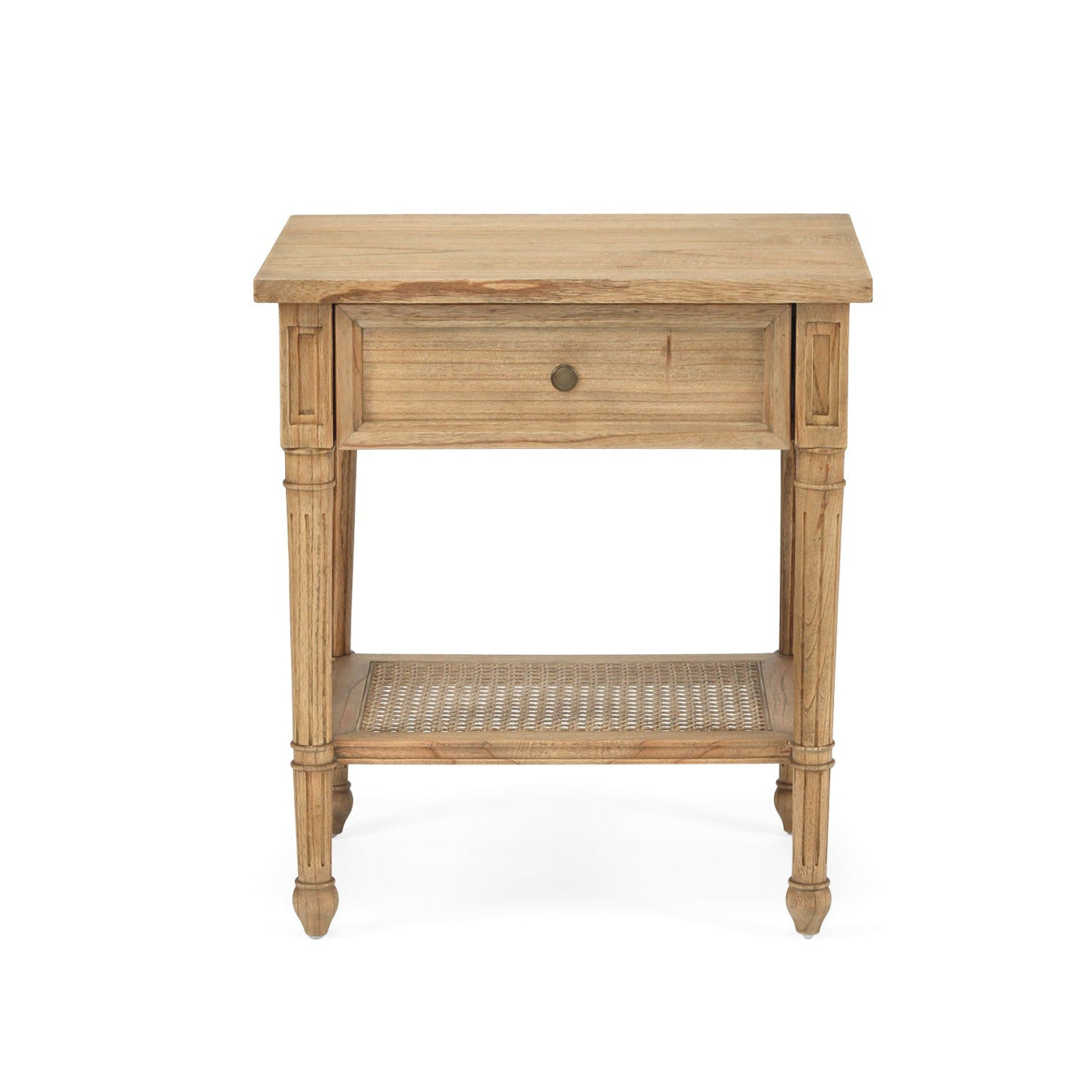 Wooden side table with a drawer on a white background