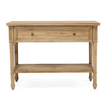 Wooden console table with a drawer on a white background
