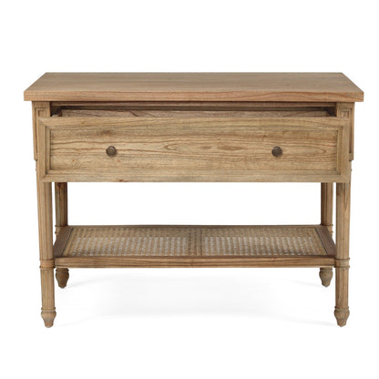 Wooden console table with a drawer and wicker shelf on a white background