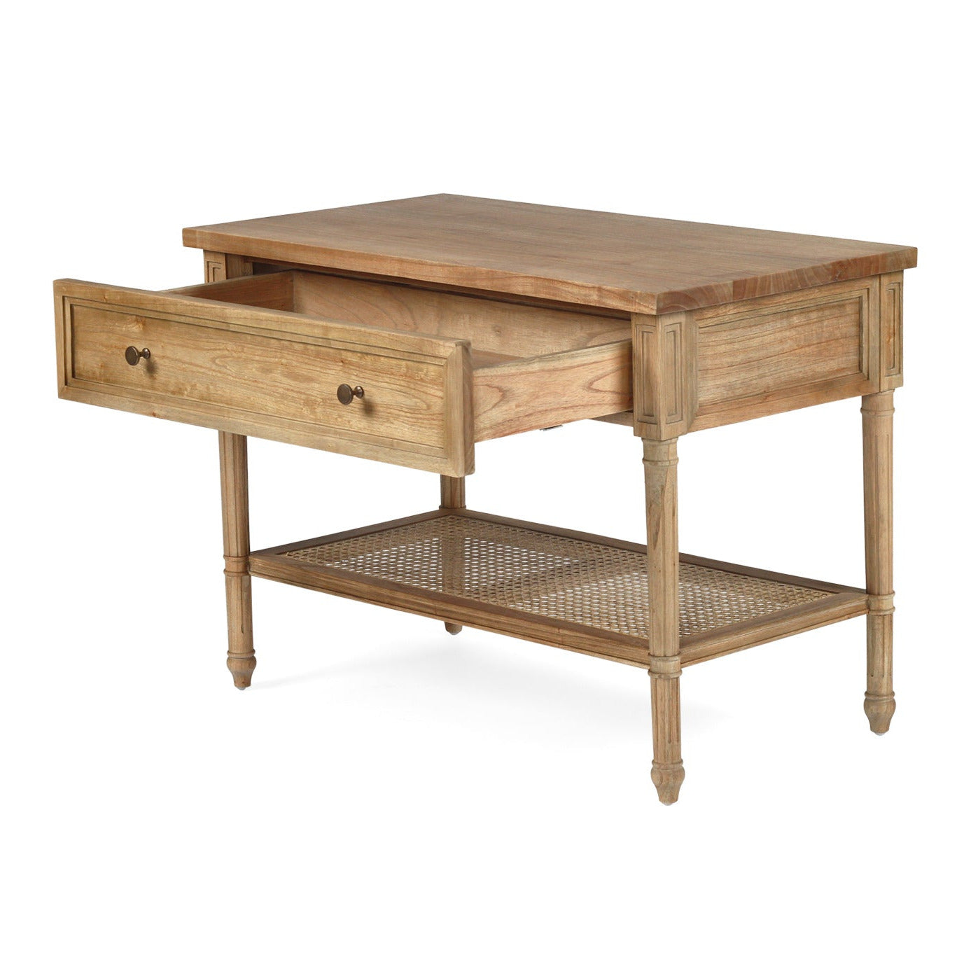 Wooden side table with a drawer and shelf on a white background