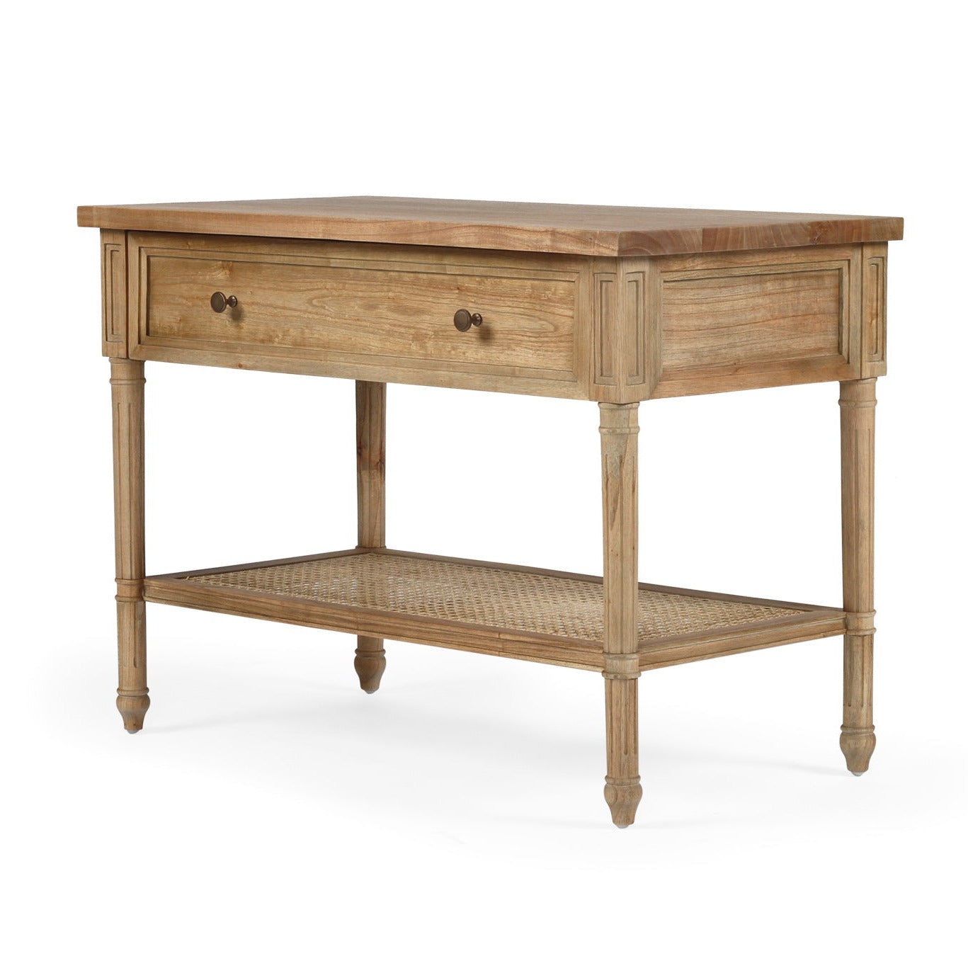 Wooden side table with a drawer and shelf on a white background