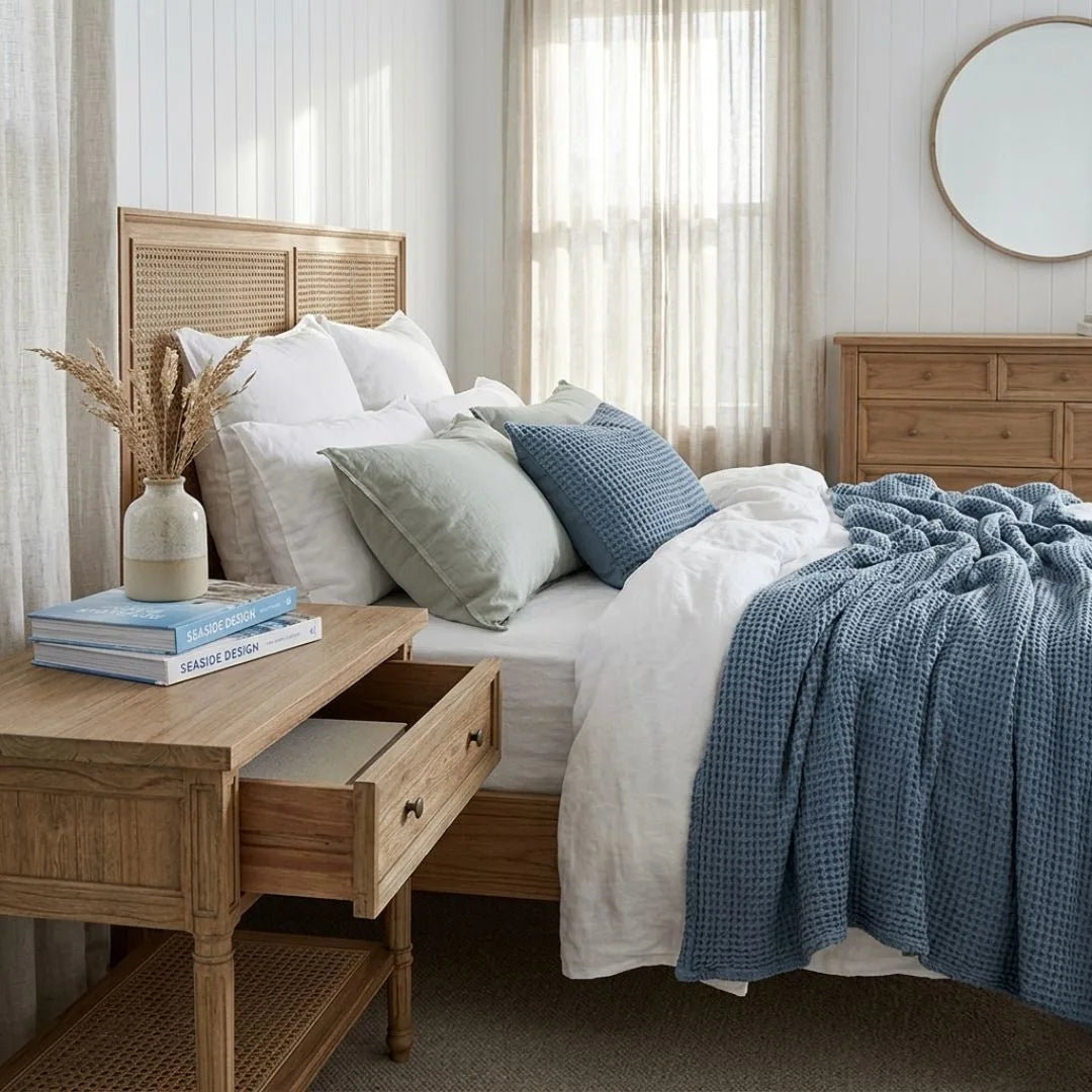 Bedroom with wooden headboard, nightstand, and bed with blue and green bedding.