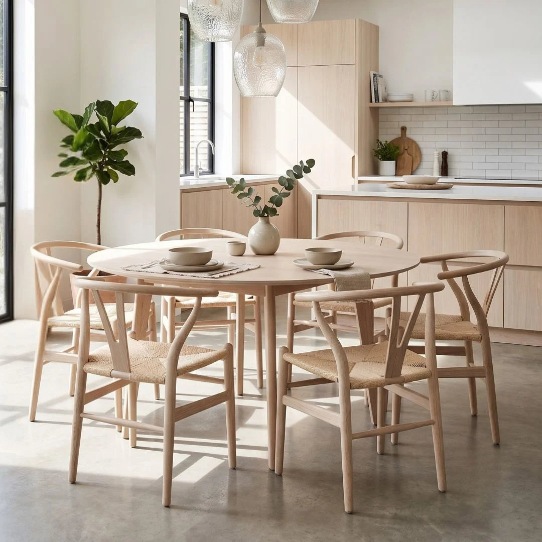 Dining area with a round wooden table and chairs in a modern kitchen.