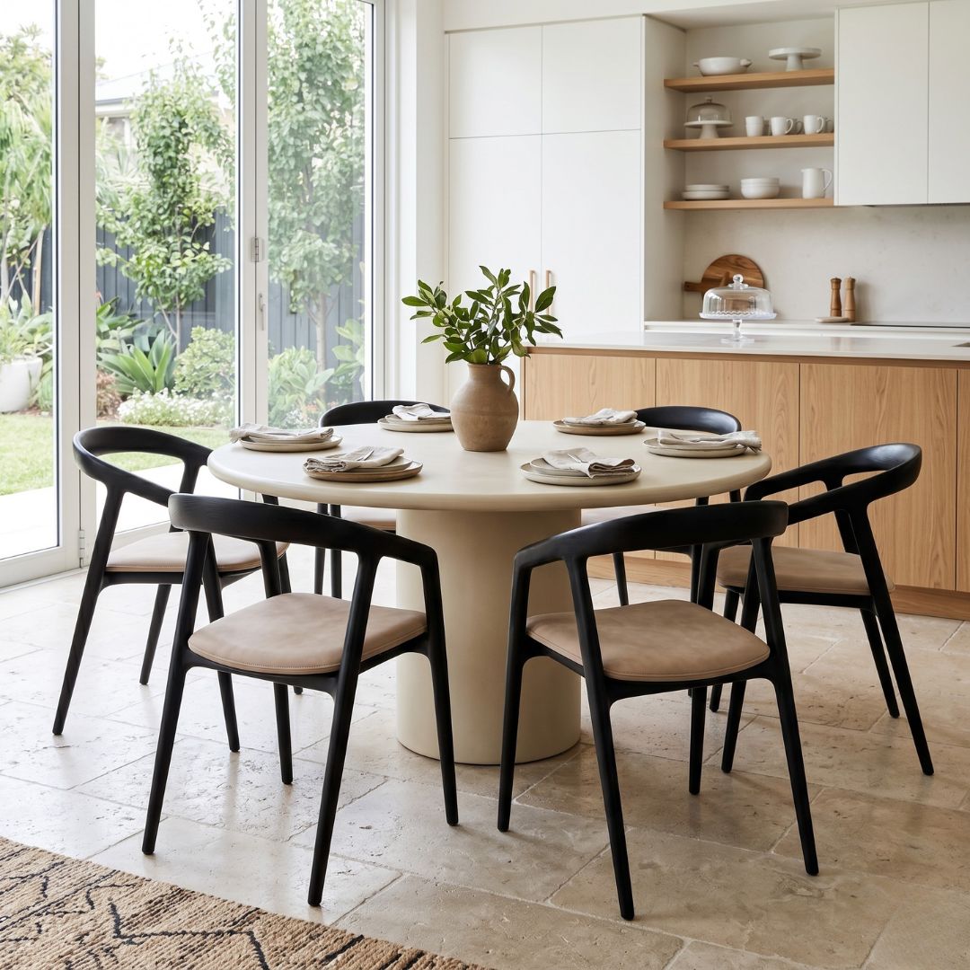 Dining area with round table and black chairs in a modern kitchen.