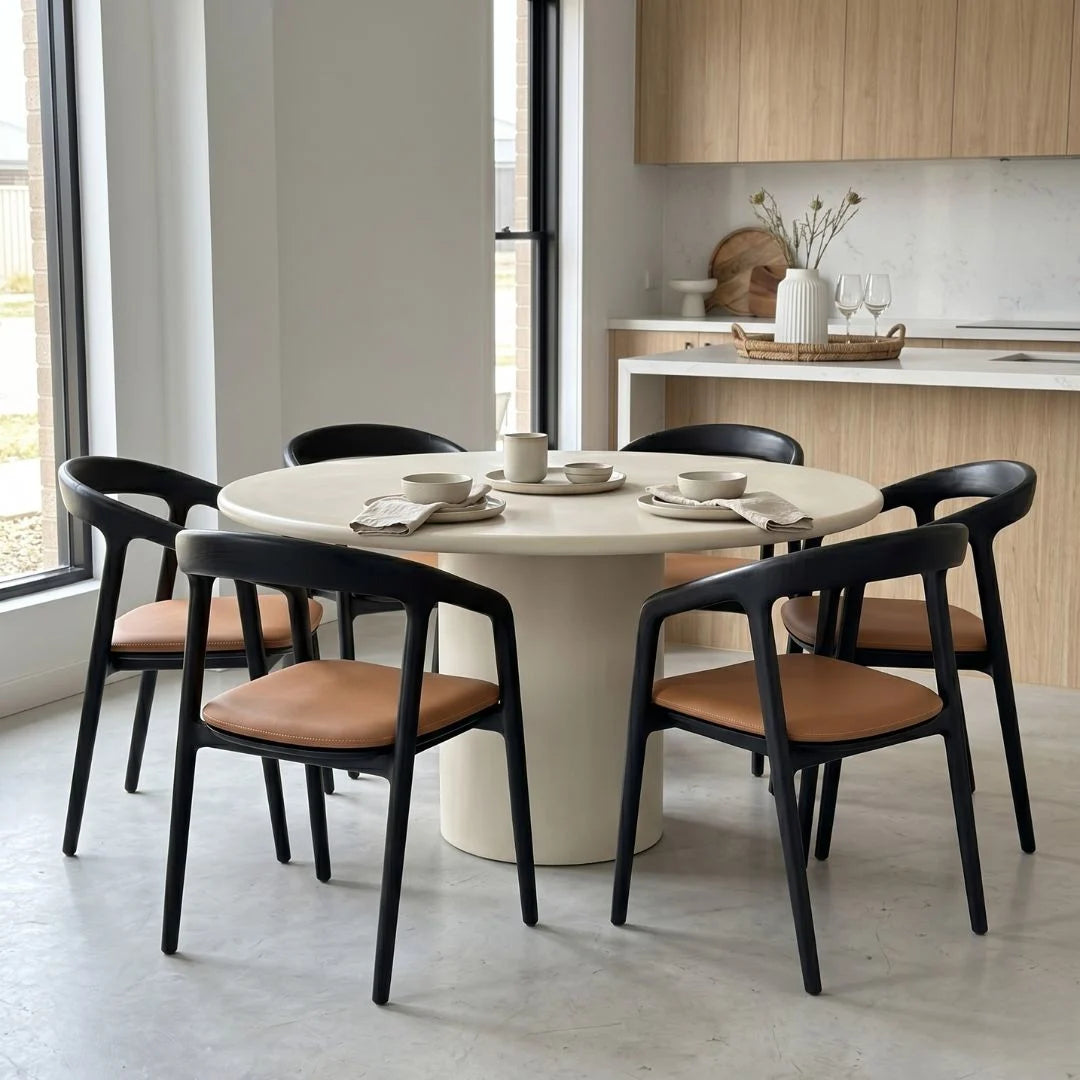Dining table set with chairs in a modern kitchen