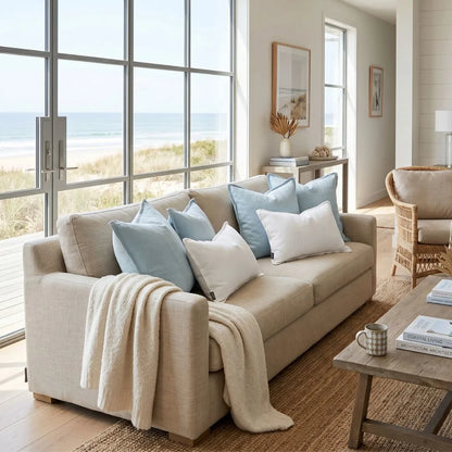 Beige sofa with decorative pillows in a living room with large windows.