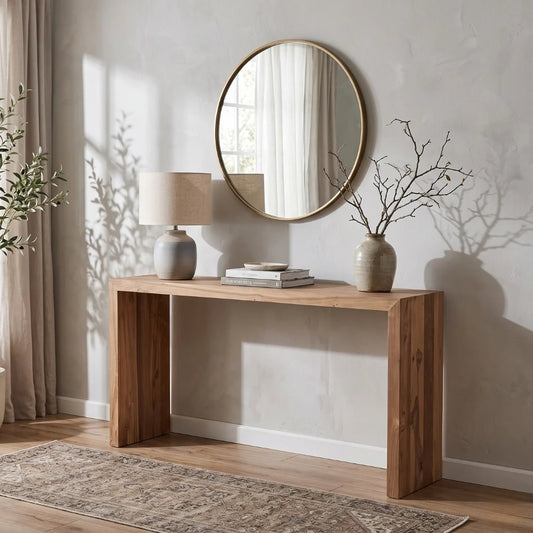 A rectangular wooden console table with thick block legs in a warm medium brown finish, styled in a minimalist room with a round gold-framed mirror, a table lamp, books, and a ceramic vase on top.