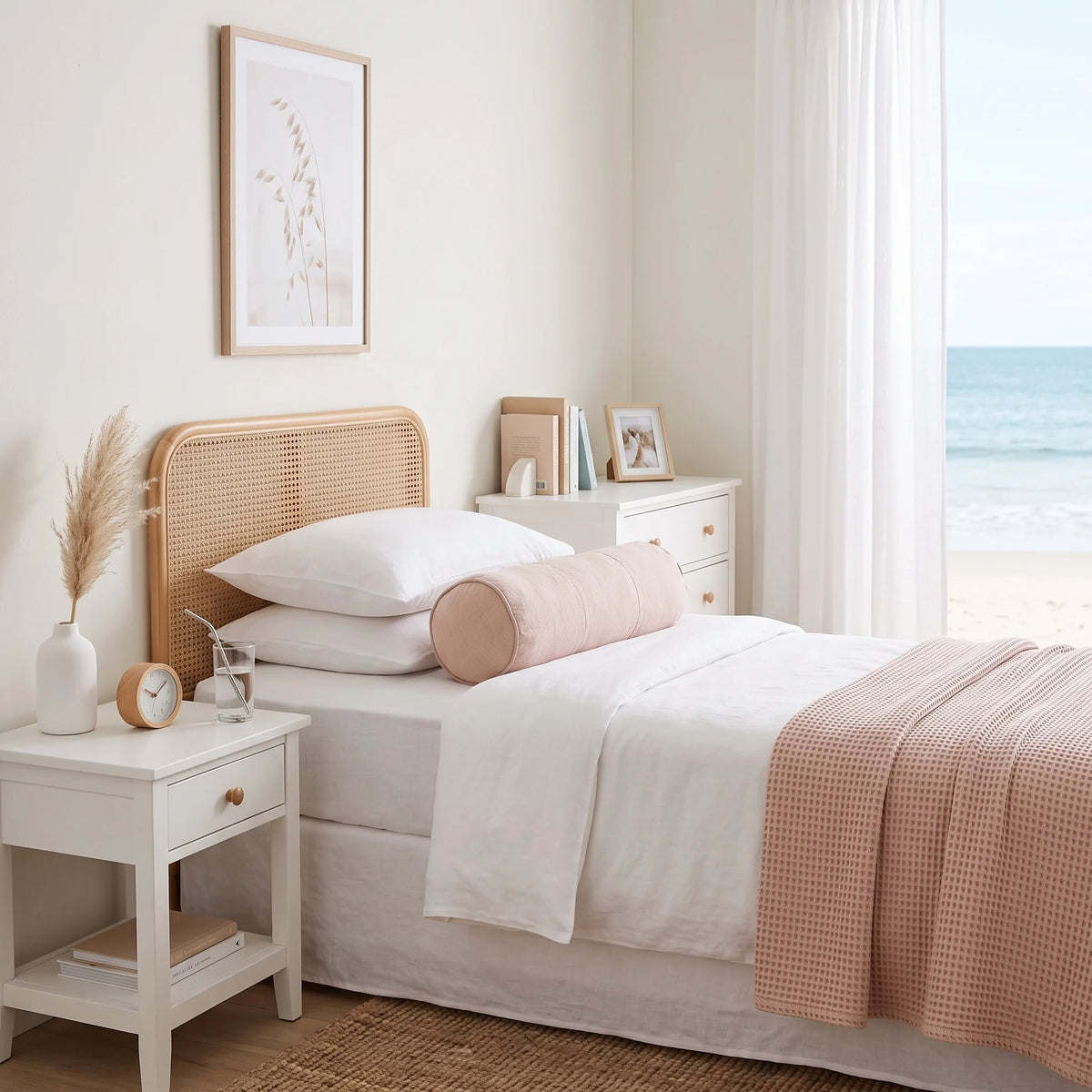 A neatly made bed in a bright, minimalist bedroom with white linens, a blush pink cylindrical pillow, a woven cane headboard, and a window looking out to the ocean.