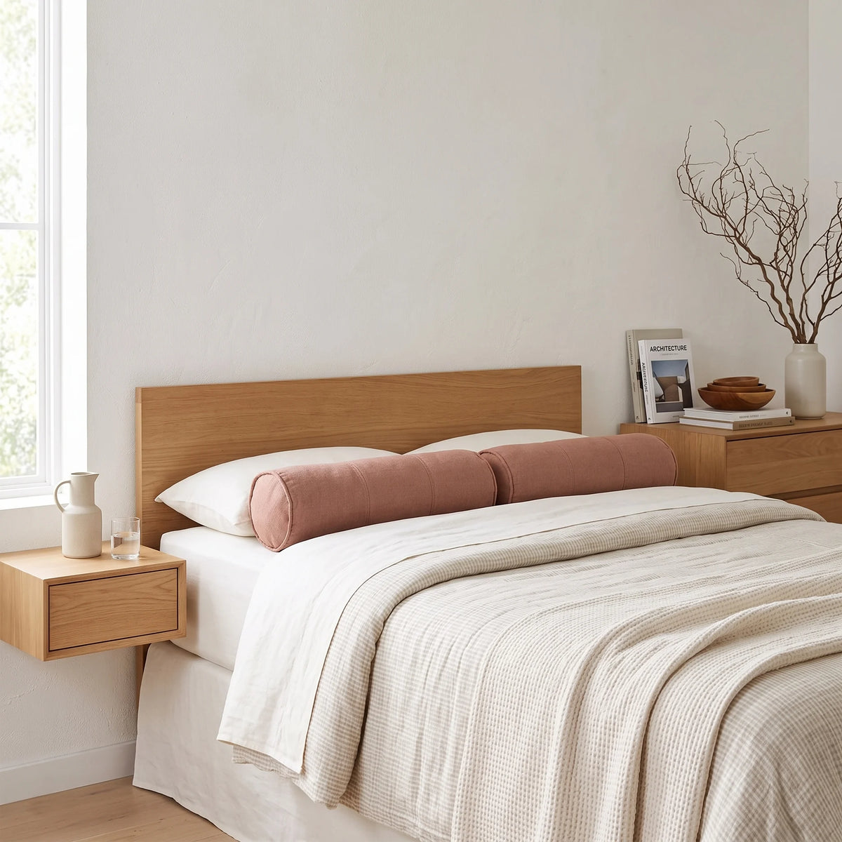 A minimalist bedroom scene featuring a light oak wood bed frame with a matching headboard, dressed in white bedding and a textured cream blanket, styled with a dusty pink cylindrical bolster pillow. A matching light wood bedside table is attached to the wall on the left, holding a small ceramic pitcher.