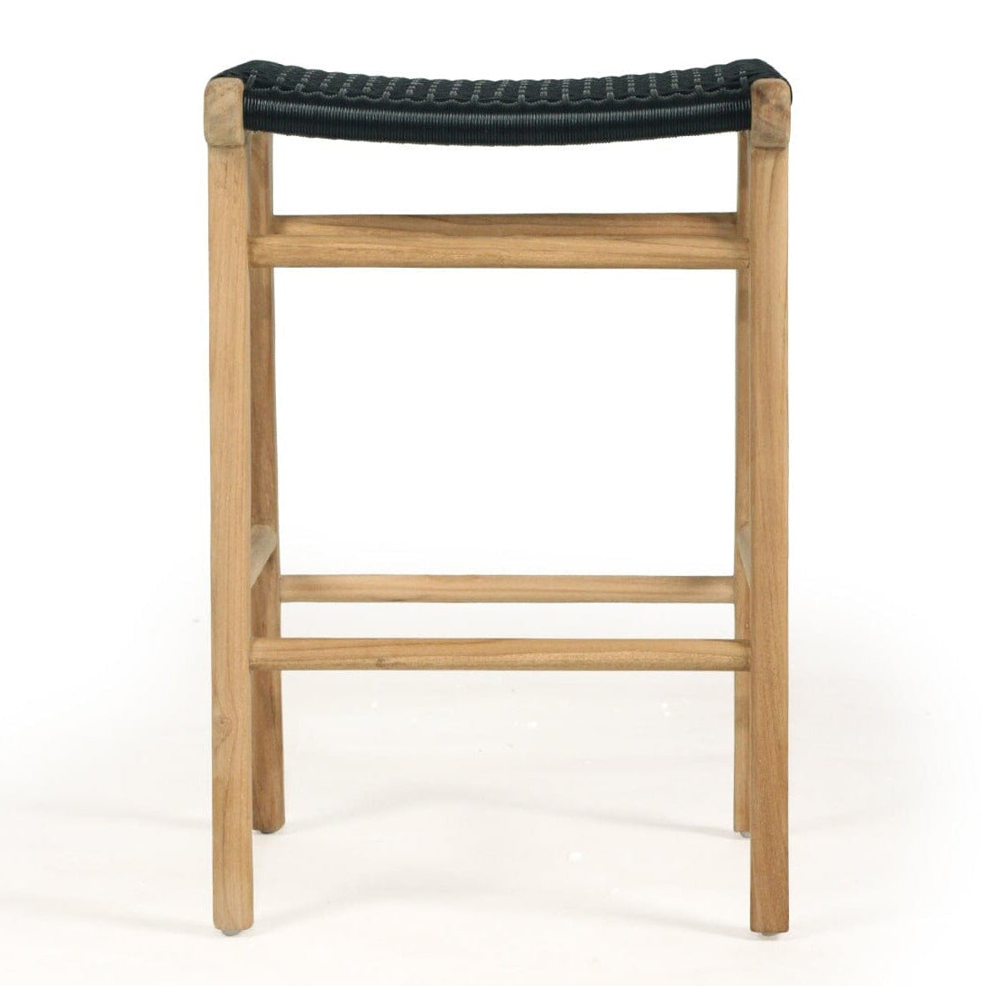 Wooden bar stool with black woven seat on a white background