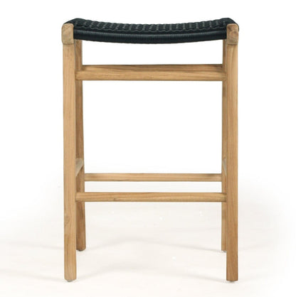 Wooden bar stool with black woven seat on a white background